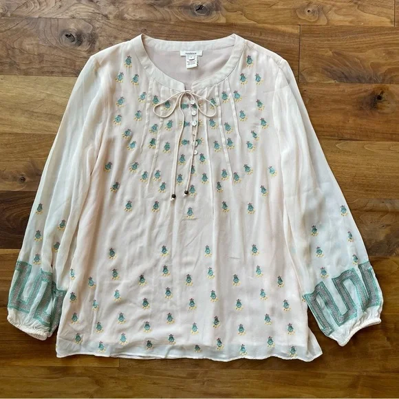 Sundance Embroidered Boho Silk Long Sleeve Peasant Blouse with Tie Neck - Picture 5 of 13